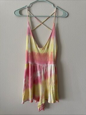 Ecote Pink Yellow Tie-Dye Spaghetti Strap Romper